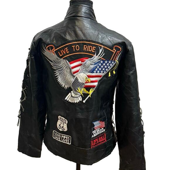 Diamond Plate Buffalo CustomLeather Biker Jacket w/ Patches American  - Size S - Picture 1 of 16